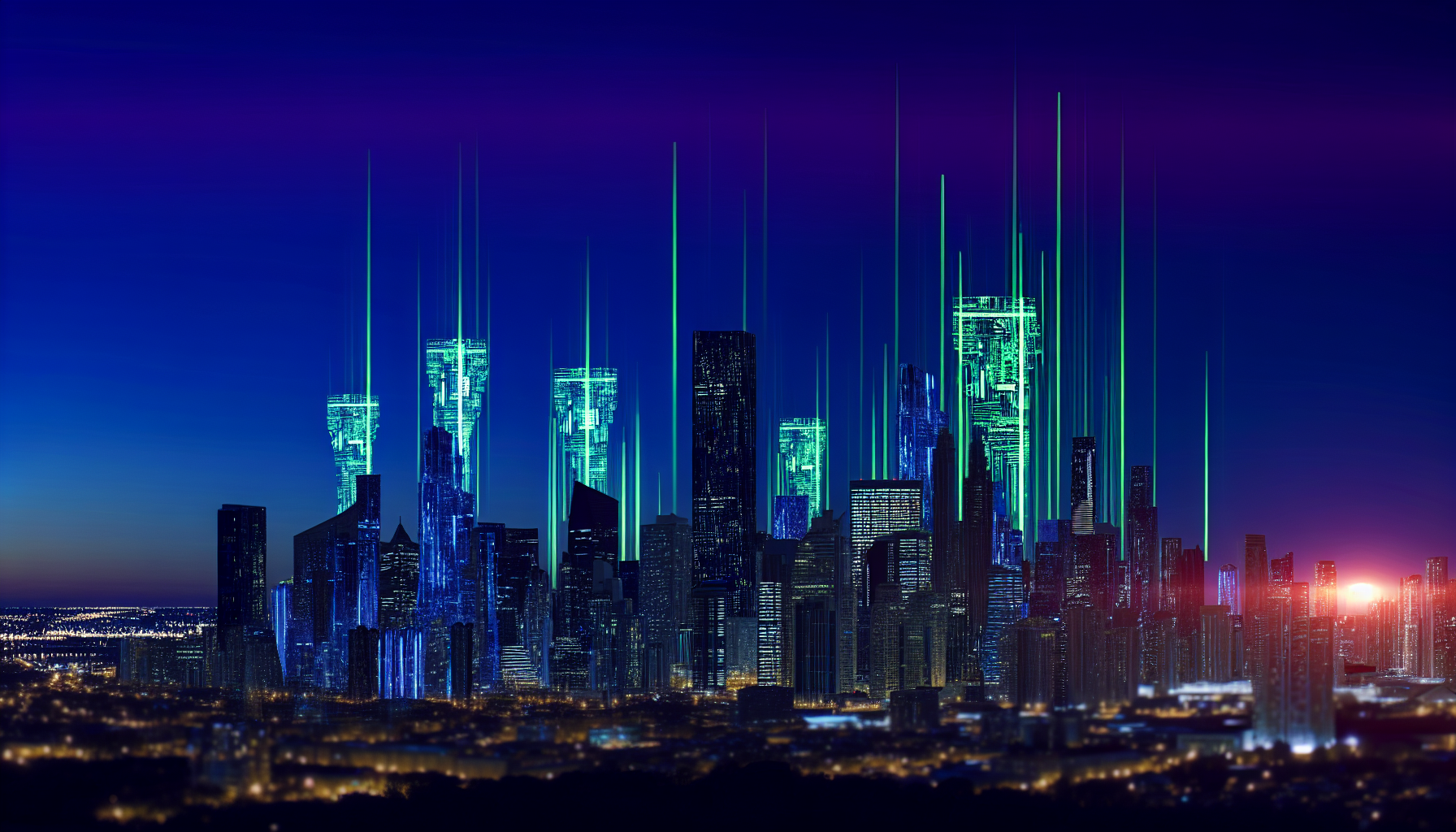 A futuristic cityscape at dusk showcasing towering skyscrapers representing advanced AI architectures and technological innovation.